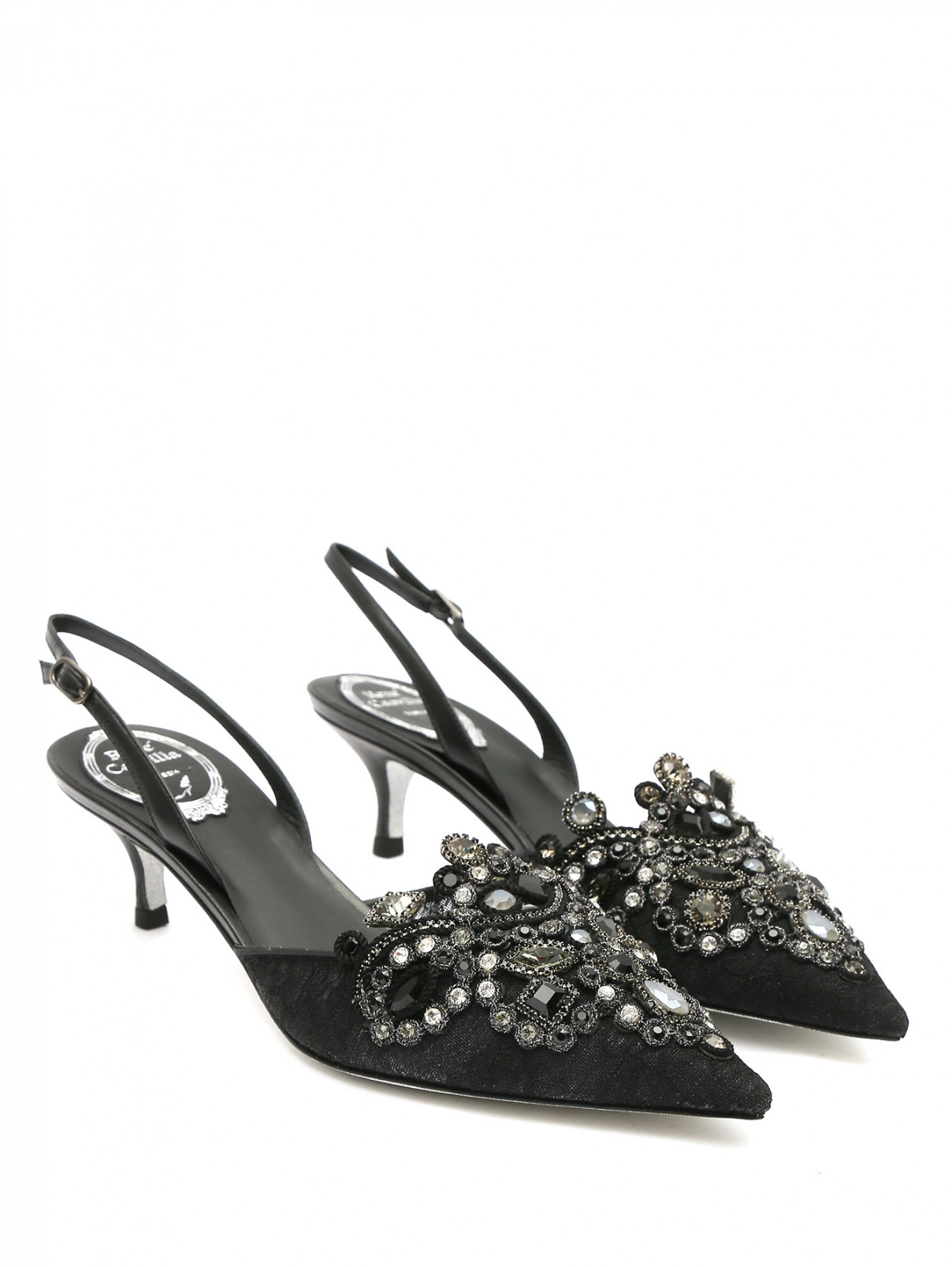 Туфли с открытой пяткой на каблуке-рюмочке с декором Rene Caovilla  –  Общий вид  – Цвет:  Черный