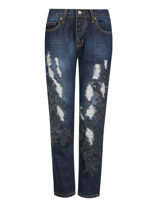 Укороченные джинсы с потертостями и вышивкой из бисера - Общий вид