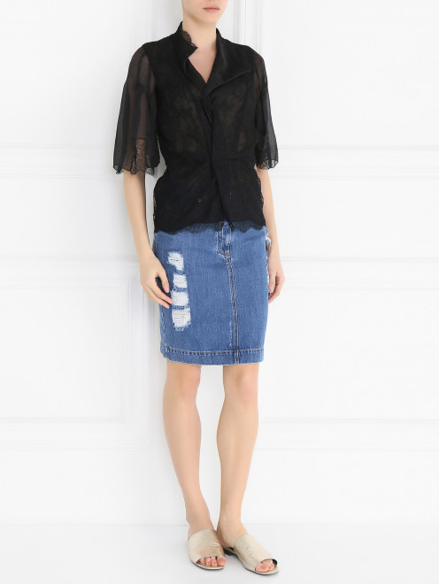 Блуза из шелка с кружевом с короткими рукавами Antonio Berardi - Модель Общий вид