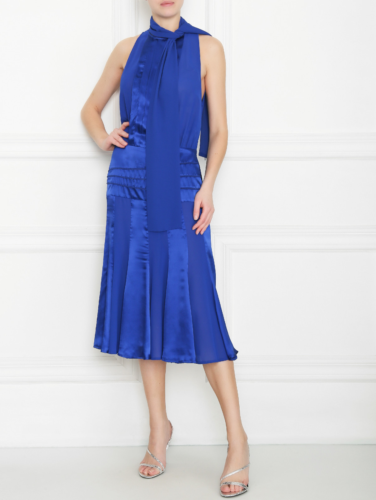 Платье из шифона и шелка с бантом Elisabetta Franchi  –  МодельОбщийВид  – Цвет:  Синий