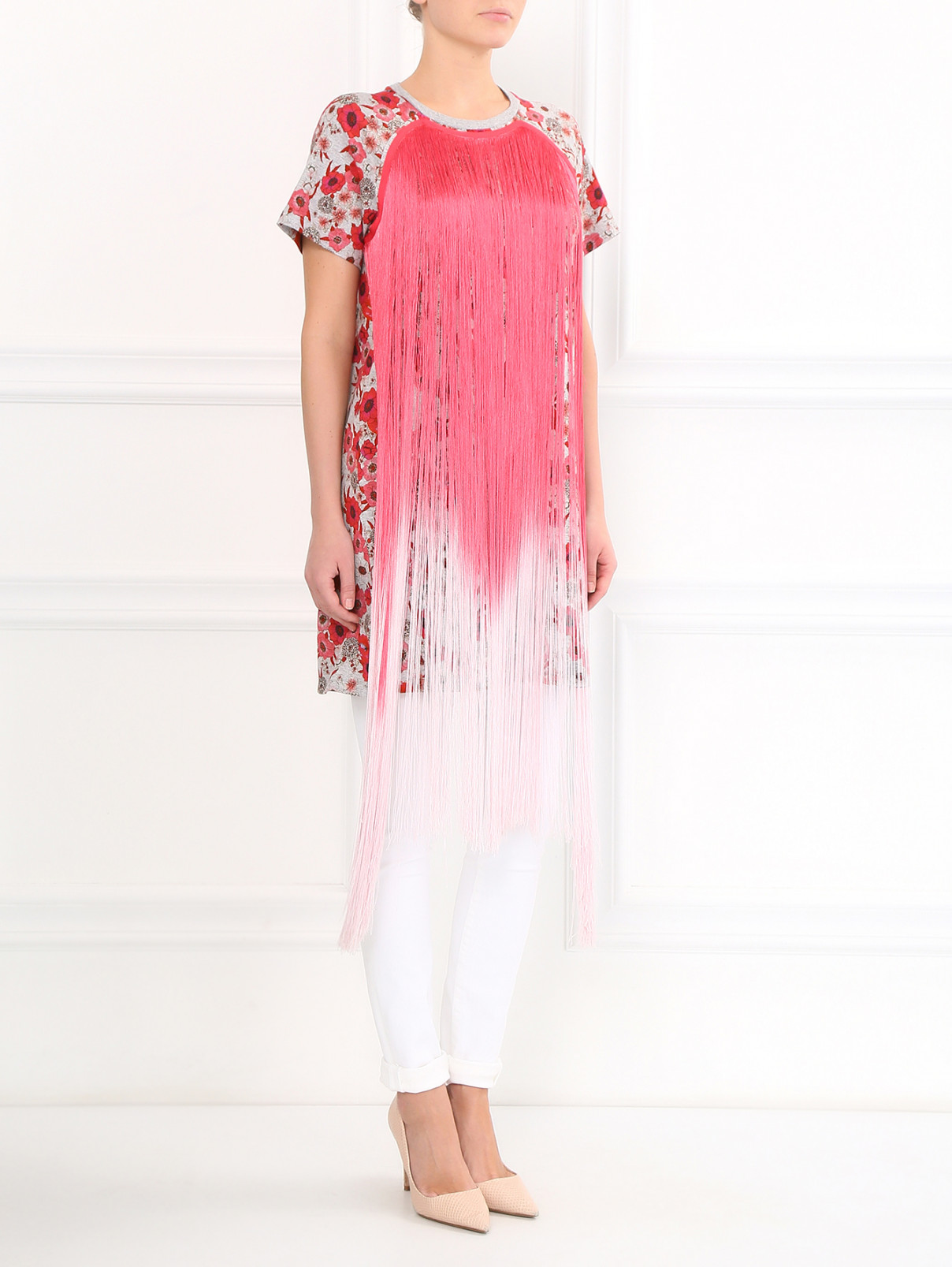 Платье с бахромой из хлопка с цветочным принтом Giamba  –  Модель Верх-Низ  – Цвет:  Узор